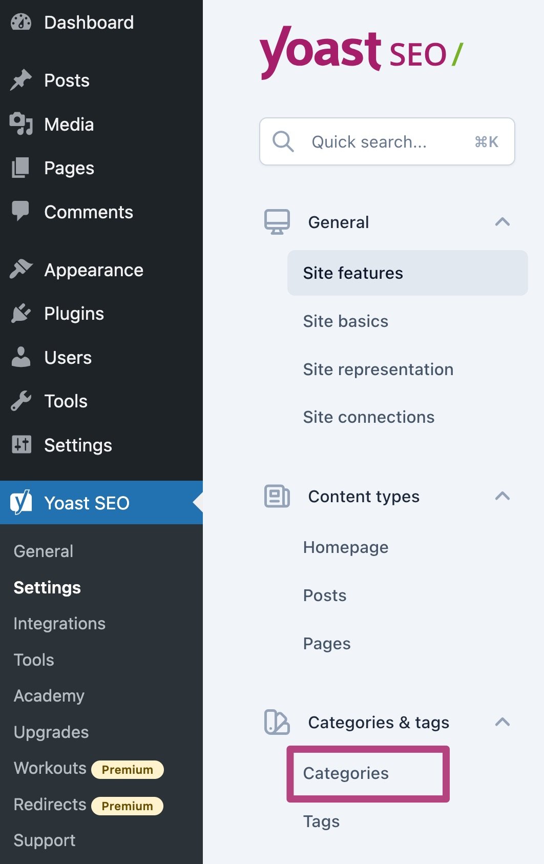 Yoast SEO 设置里的分类选项